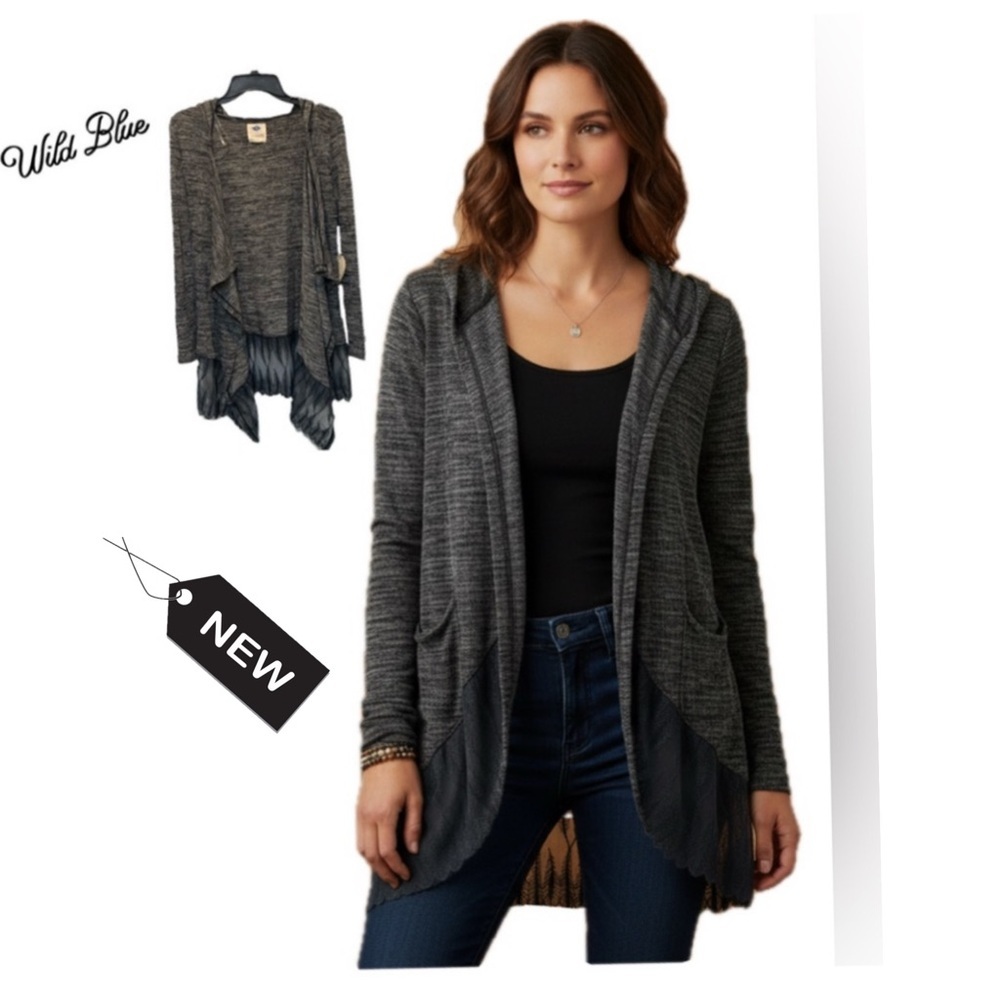 NWT wild blues gray hooded open Long sleeve cardigan